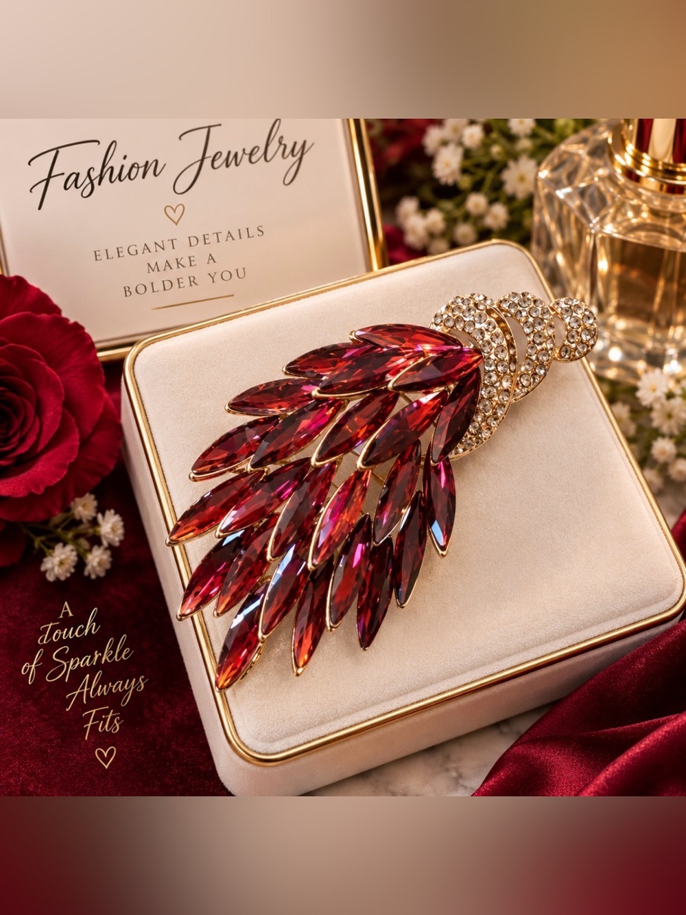 Elegant Red Crystal Floral Drop Brooch by